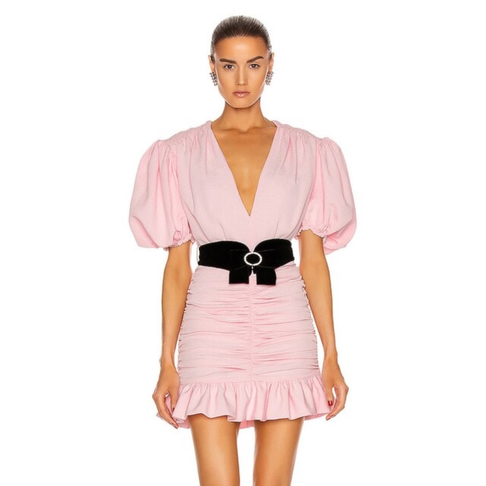 Marianna Senchina pink eye candy mini dress with puff sleeves and velvet belt